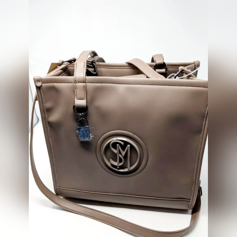 Taupe Structured Tote Bag with Monogram Accent
